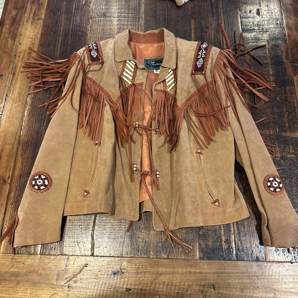 Western Fringe Leather Jacket Echo Mountain SZ 46 Beaded‎ Accents